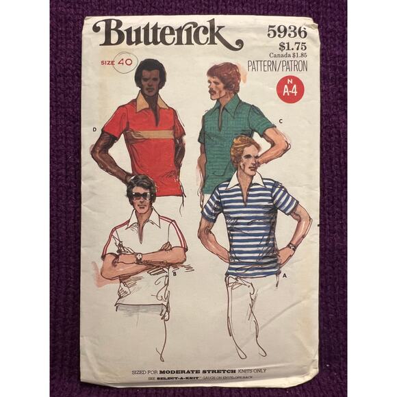 Butterick 5936 Sewing Pattern mens polo 1970s size 40 - Picture 1 of 6